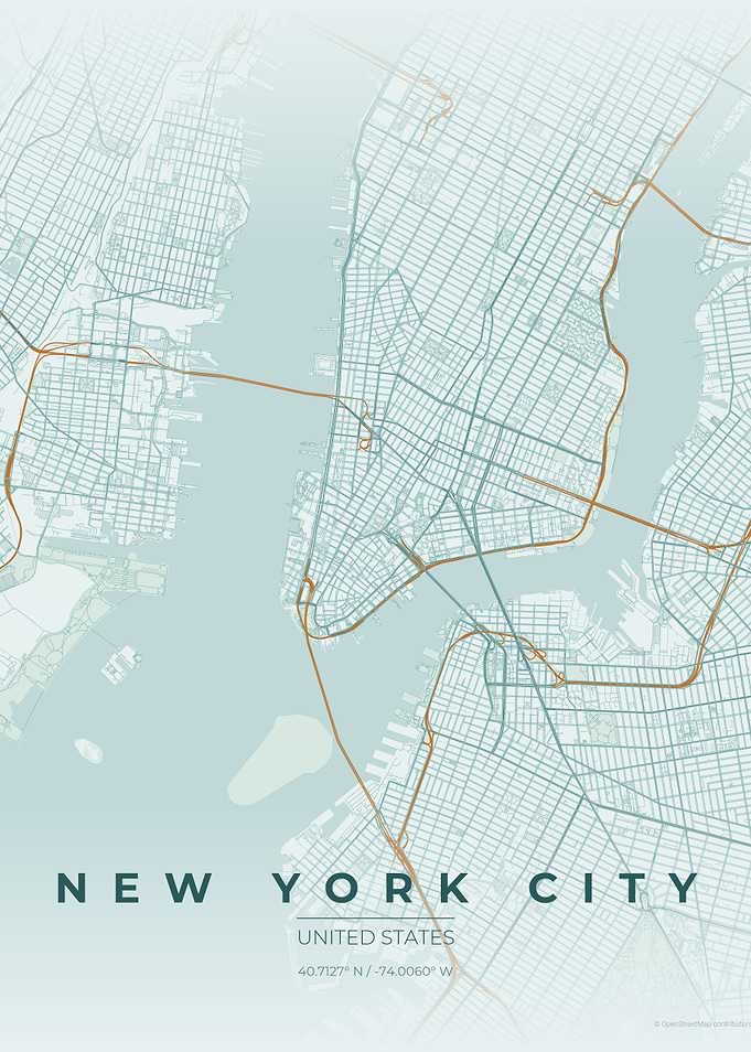 New York City Teal Green Map Art