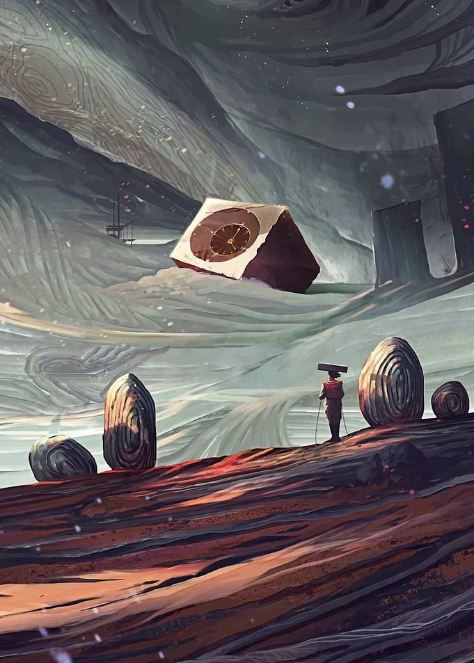 Mysterious Cube Clock in a Surreal Landscape
