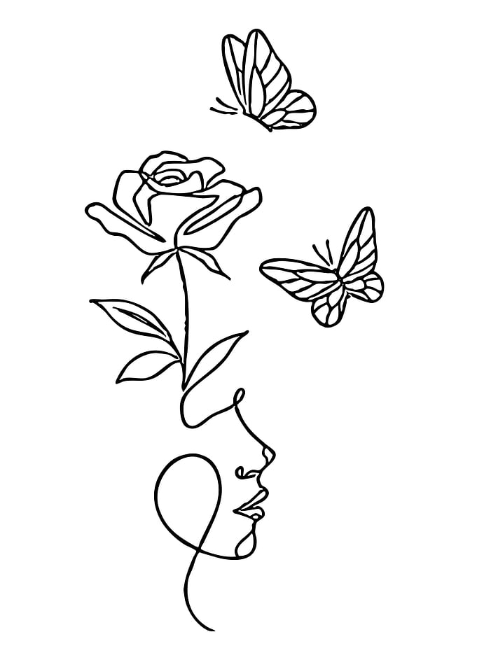 Line Art Rose Face and Butterflies