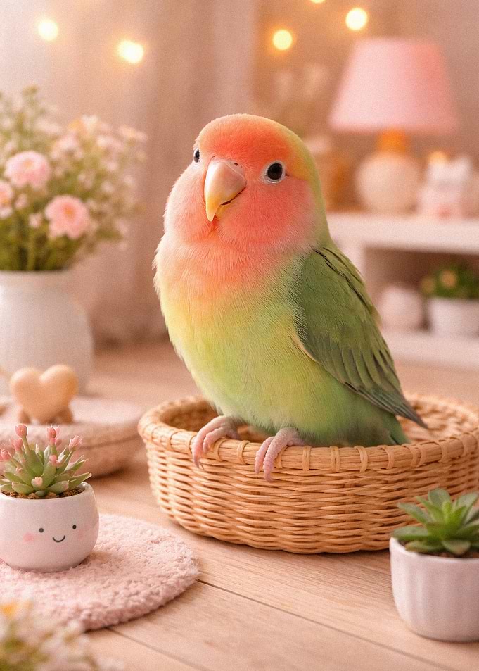 Cute Lovebird in a Wicker Basket
