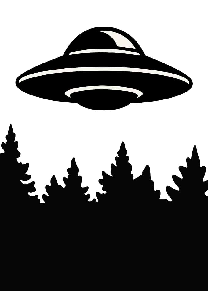 UFO Hovers Over a Forest in silhouette