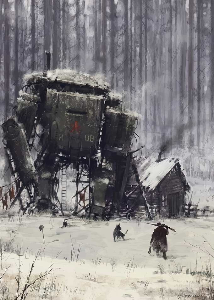 Winter Mech and Cabin Scene