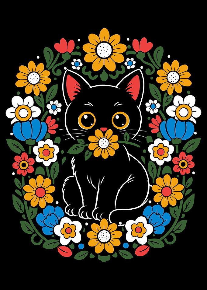 Cute Black Cat with Flowers