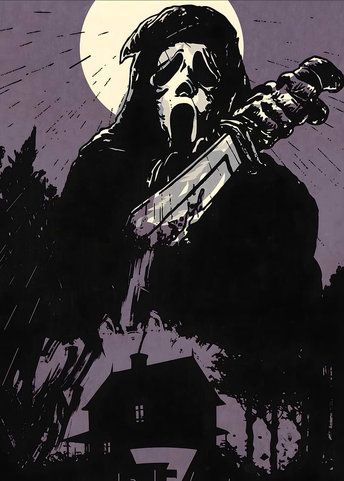 Ghostface with Knife and Haunted House