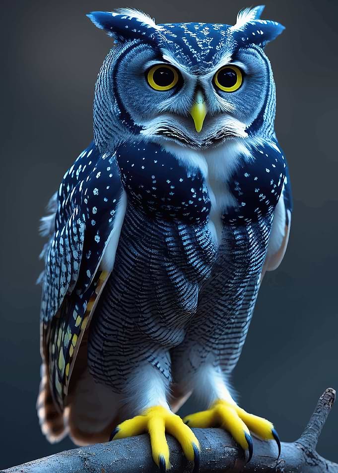 Majestic Blue Owl with Yellow Eyes