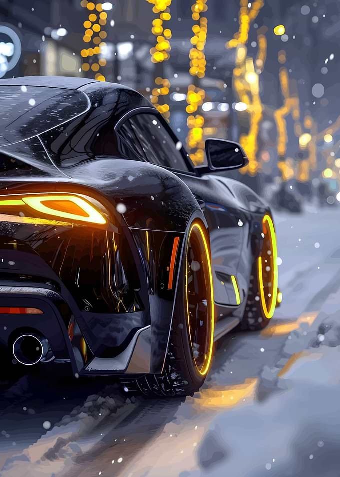 Black sports car in snow