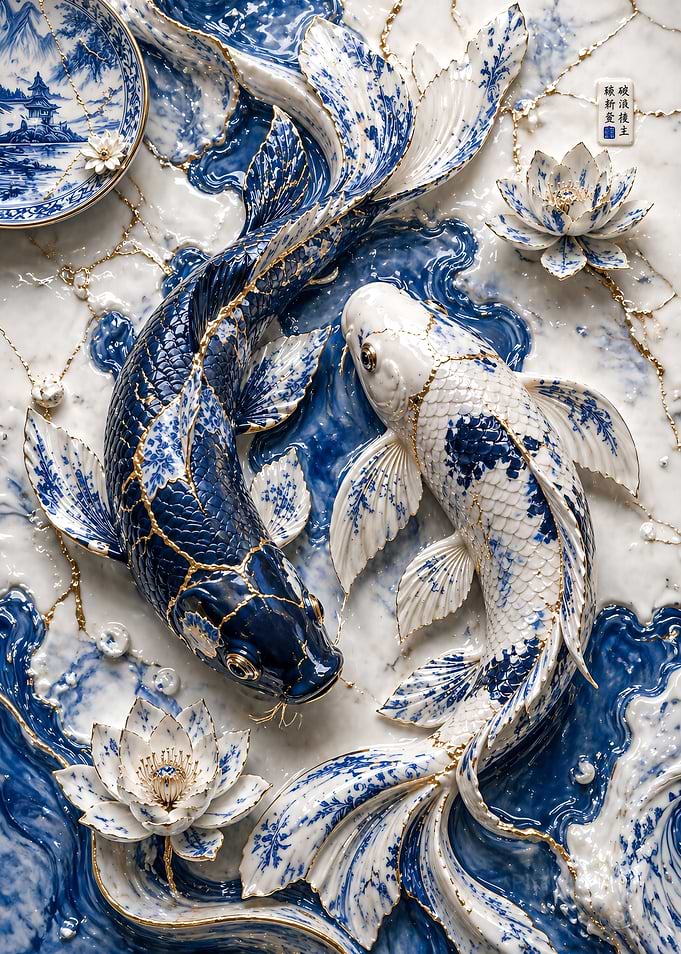 Blue and White Koi Fish with Lotus Flowers