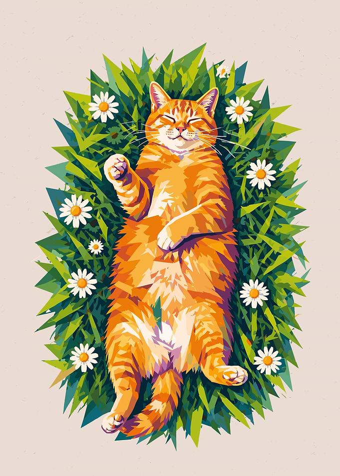 Orange Cat Lounging in Daisies