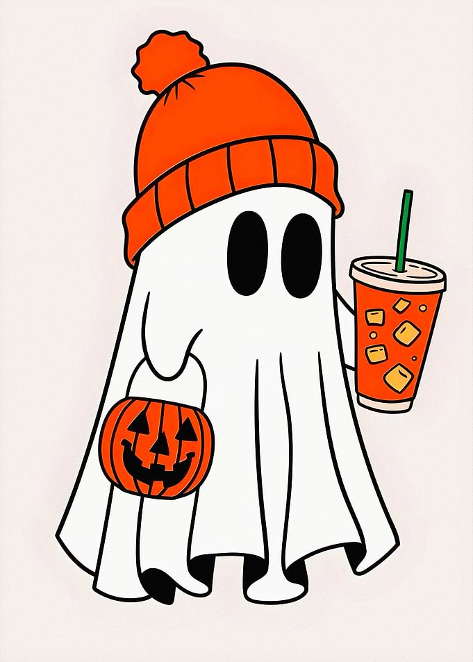 Cute Ghost with Pumpkin and Drink