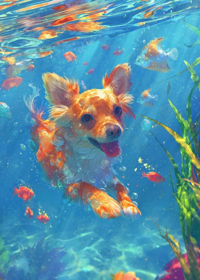 Dog swimming with fish