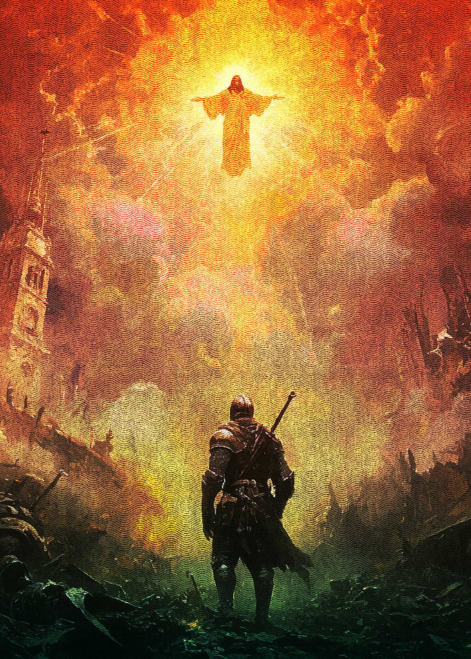 Knight Gazes at Divine Figure Above Ruined City