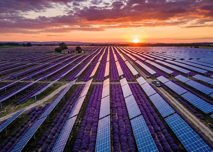 Solar Farm at Sunset with Lavender Fields
