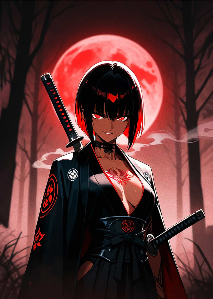 Anime Samurai Woman Under Red Moon