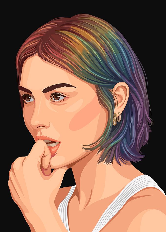 Gracie Abrams with colorful hair biting nails