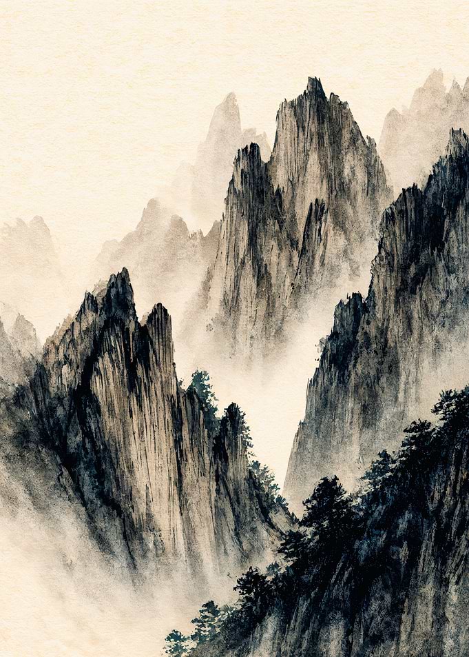 Misty Mountain Peaks Ink Painting