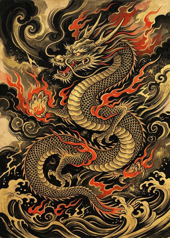 Dragon with Fire and Waves