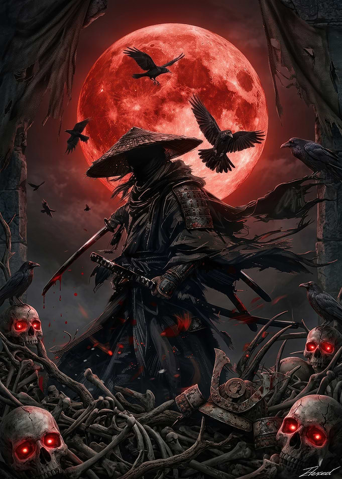 Bloody Moon Samurai with Crows and Skulls