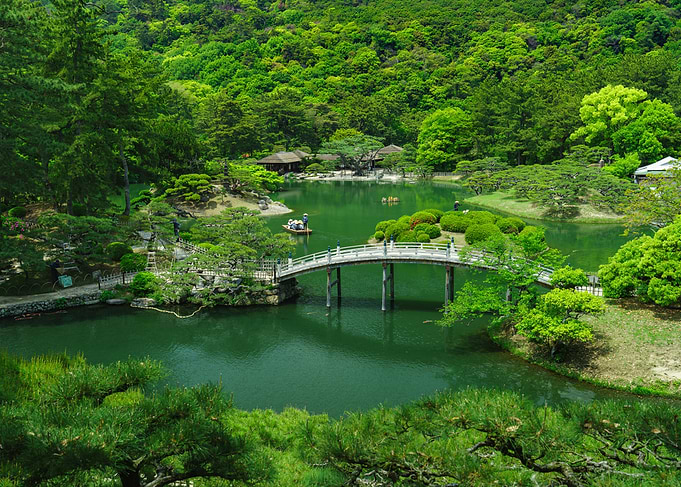 Serene Japanese Garden Ritsuin in Takamatsu Shikoku island with Bridge and Pond
