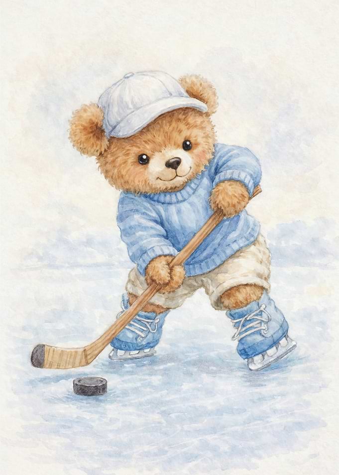 Vintage Teddy Bear Ice Hockey Nursery Poster