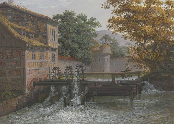 A mill with three gears, a man on a donkey on the bridge