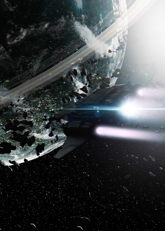 Spaceship near a ringed planet