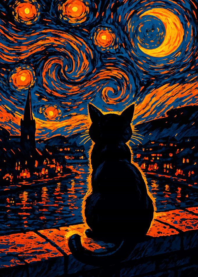 Black Cat in Starry Night Cityscape