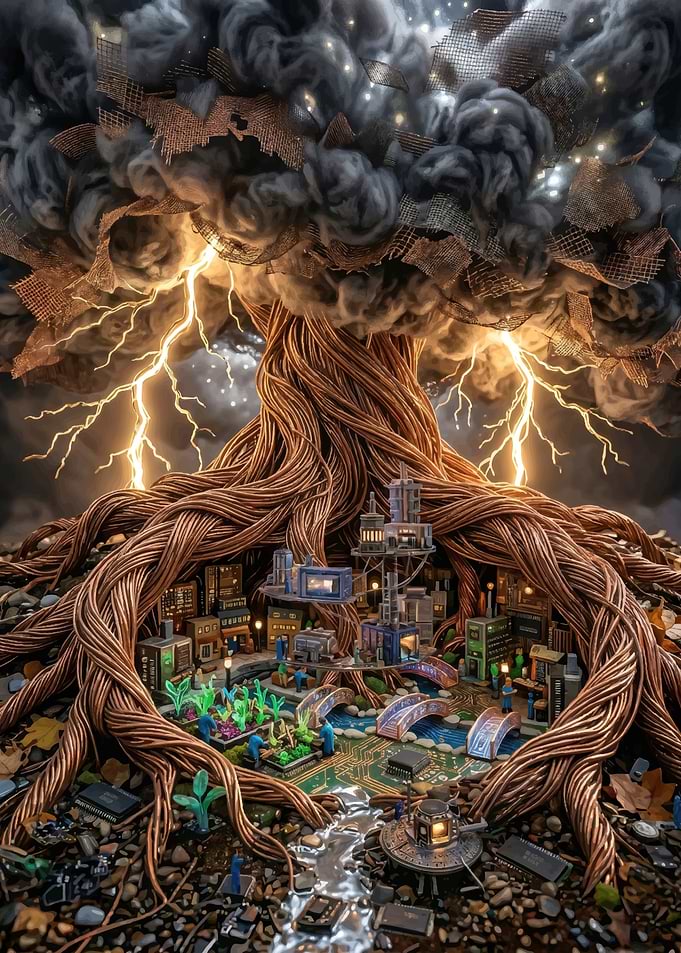 Cyberpunk Tree City with Lightning