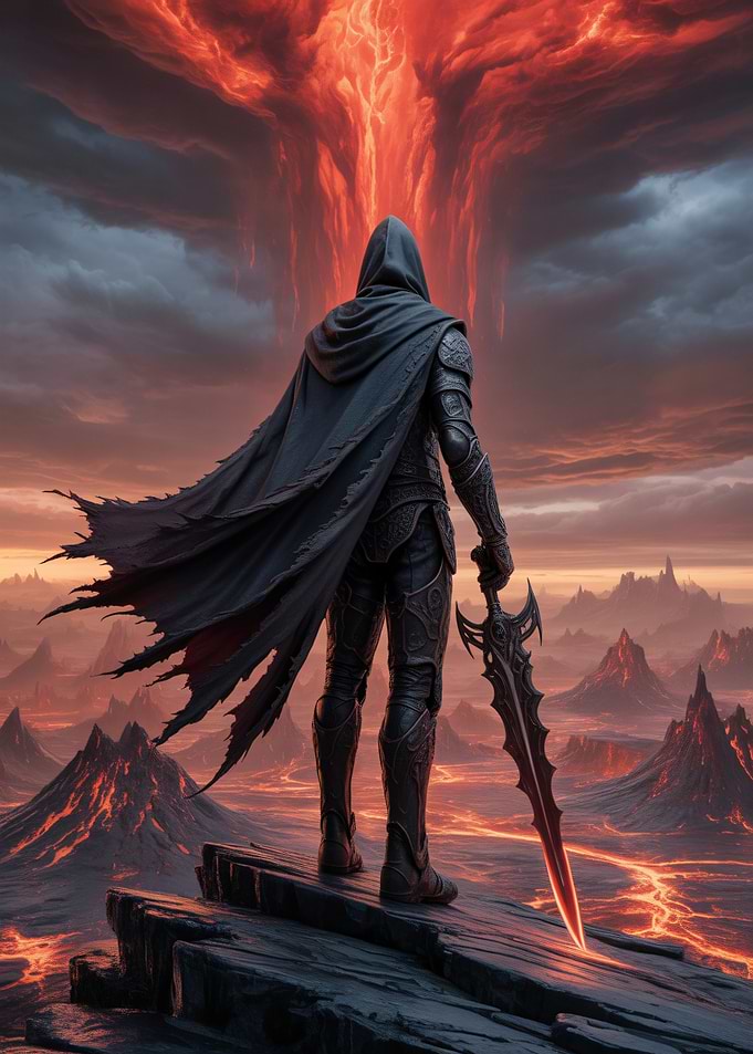 Dark Warrior in a Fiery Landscape
