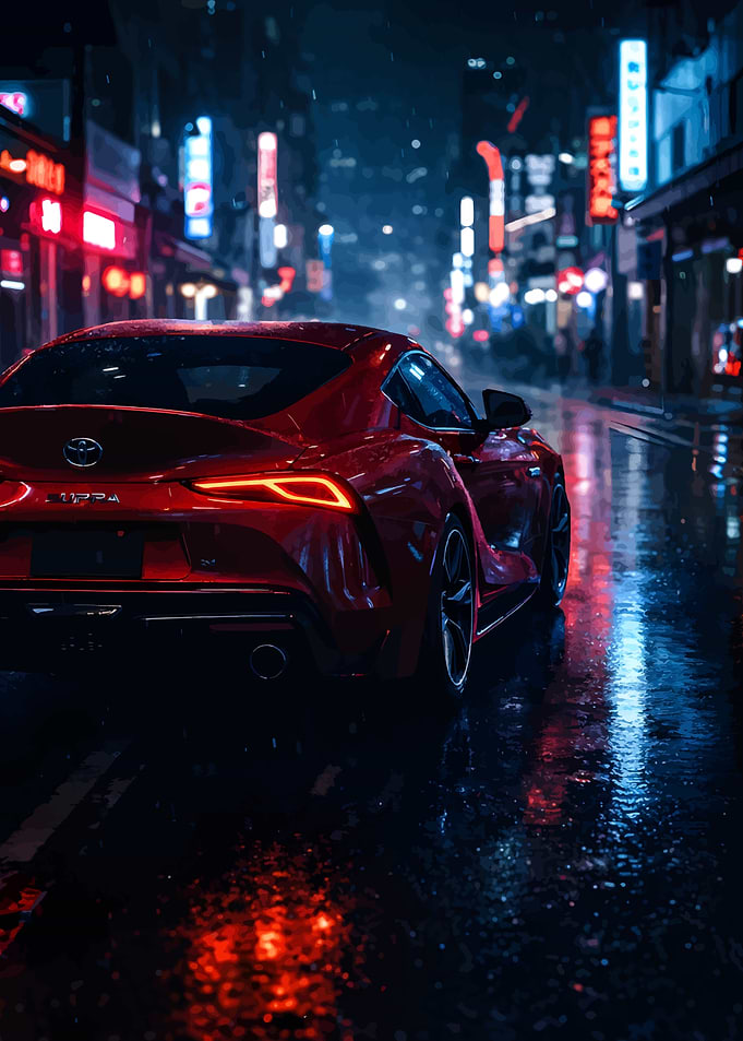 Red Toyota Supra in Rainy City Night