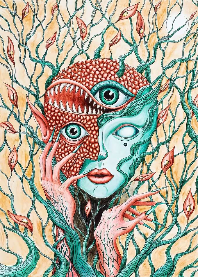 Surreal Creature with Multiple Eyes and Branches