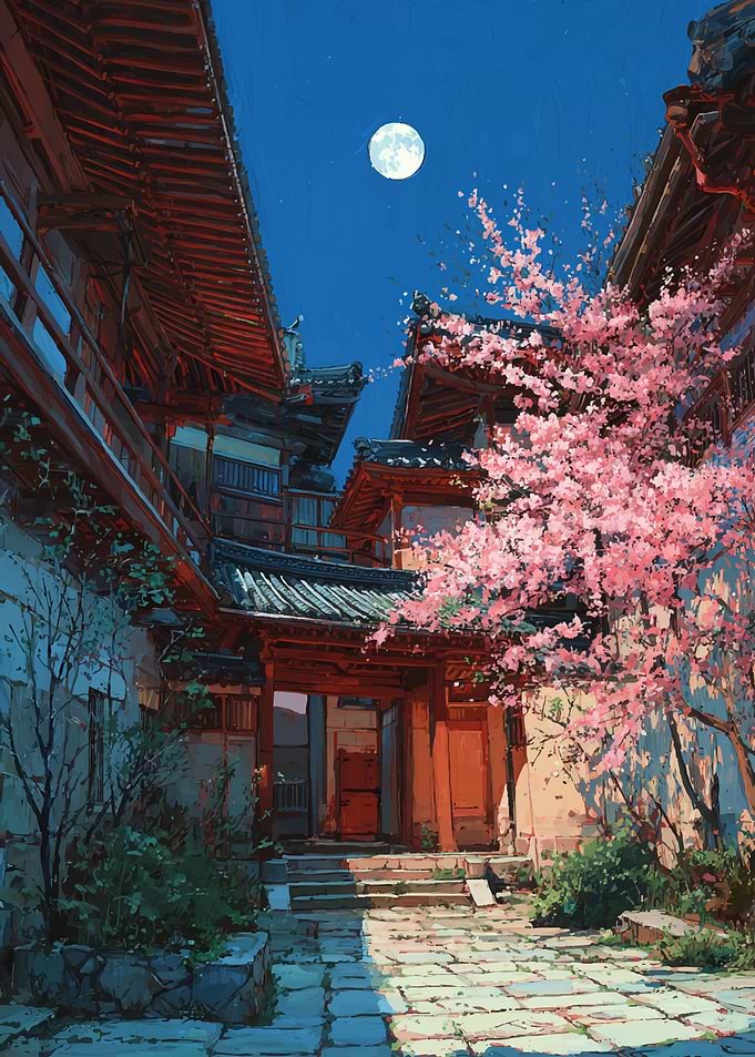 Moonlit Cherry Blossoms in Japanese Courtyard