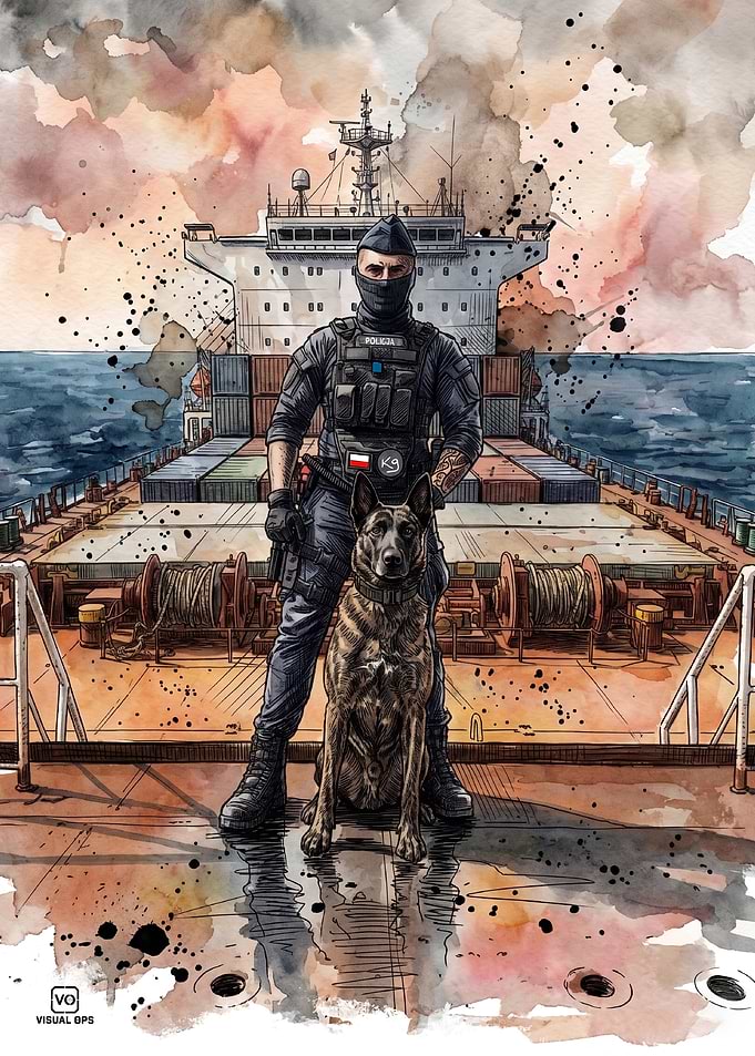 Polish Police Officer with K9 partner on ship