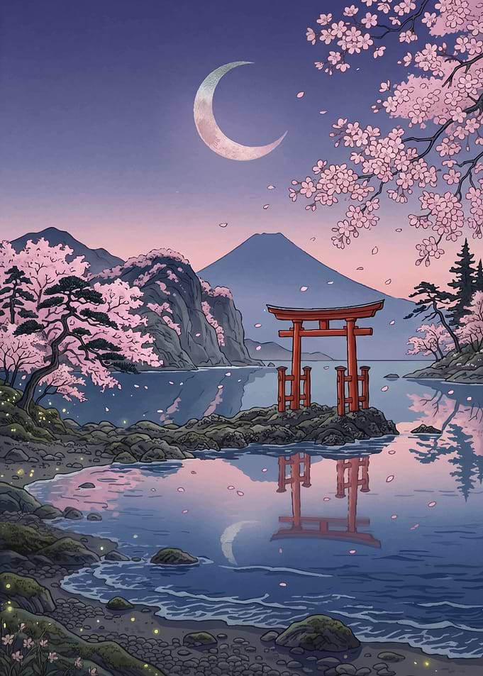 Serene Japanese Landscape with Torii Gate