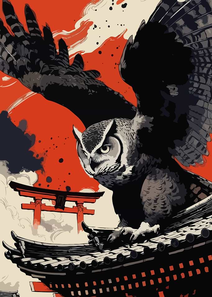 Owl Landing on Japanese Temple Roof