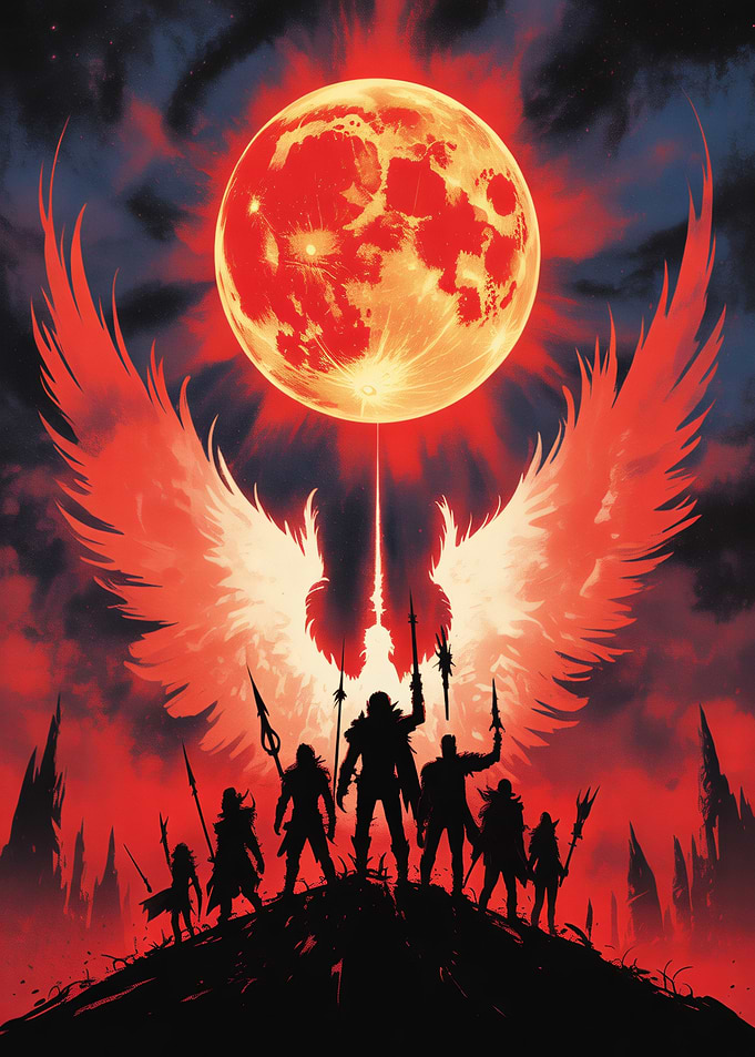 Fantasy warriors under a blood moon