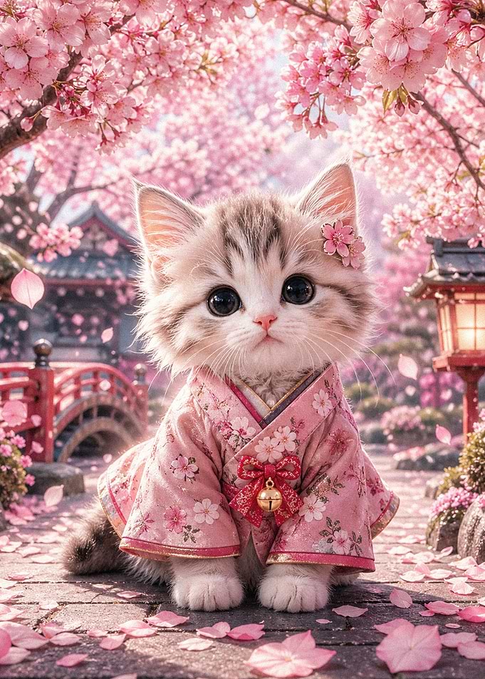 Cute Kitten in Kimono Under Cherry Blossoms