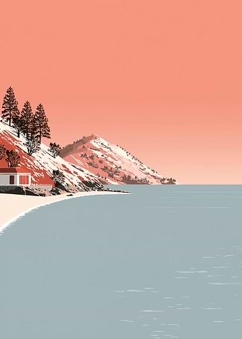Minimalist coastal landscape with house
