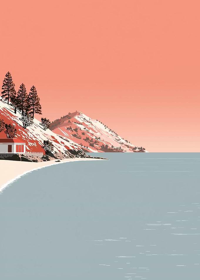Minimalist coastal landscape with house