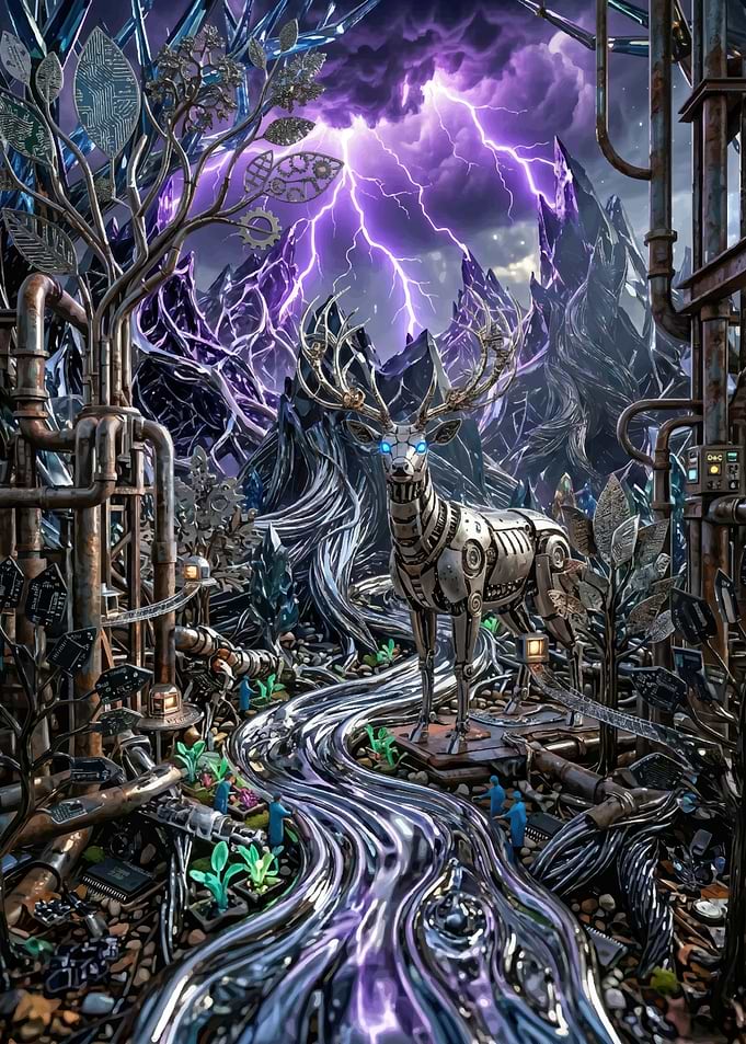 Steampunk Deer in Electric Landscape