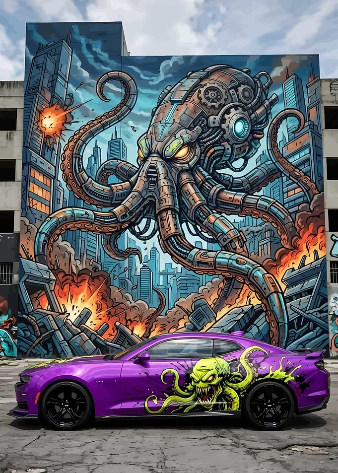 Purple Car with Octopus Mural