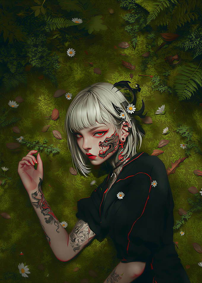 Woman with Dragon Tattoo Lying in Nature