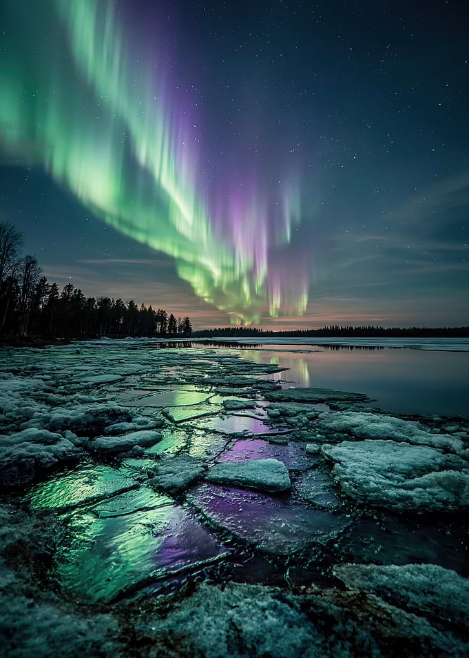 Aurora Borealis over Icy Lake