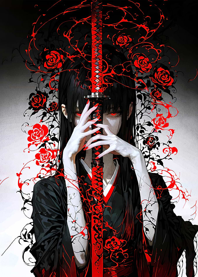 Gothic Anime Girl with Katana and Roses