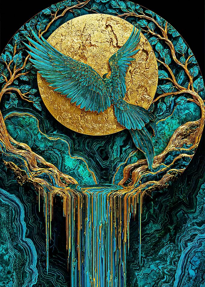 Golden Eagle and Malachite Waterfall