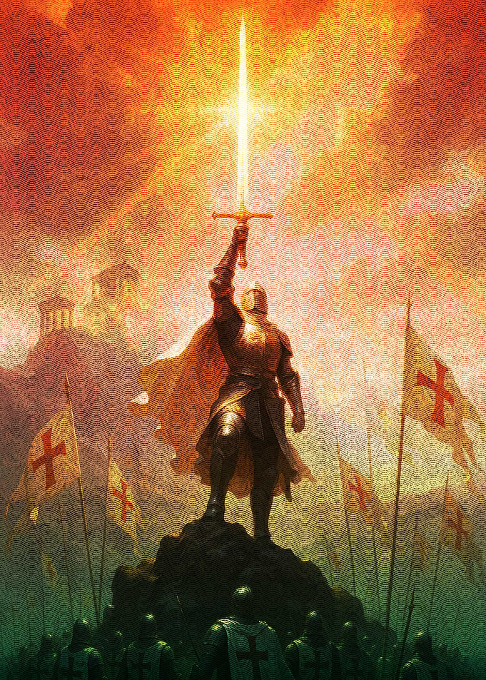 Knight Raises Sword in Victory