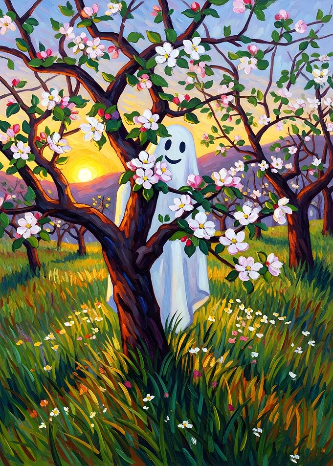 Ghost in a blooming orchard at sunset