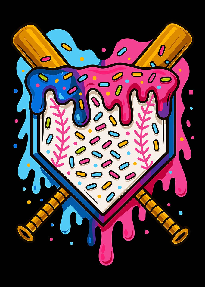 Baseball Donut Poster, Dripping Frosting Home Plate Art, Colorful Sports Wall Print
