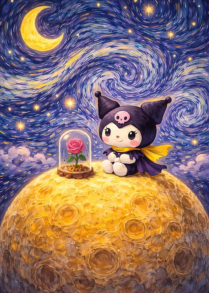 Kuromi on the Moon with a Rose