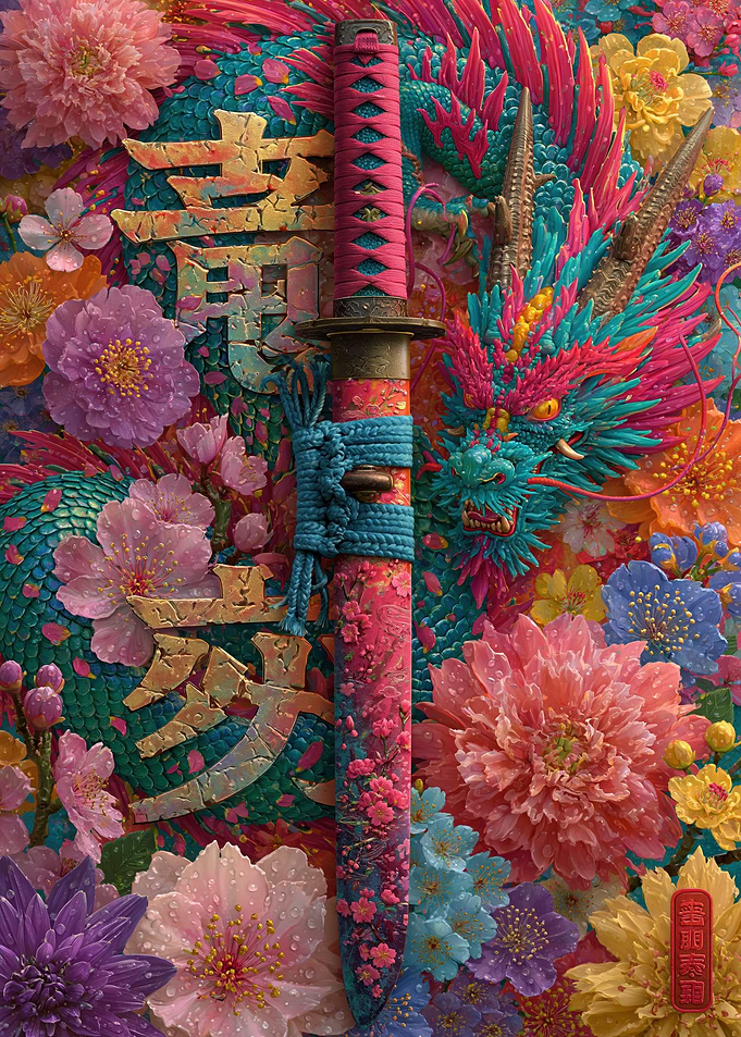 Samurai Sword with Dragon and Flowers