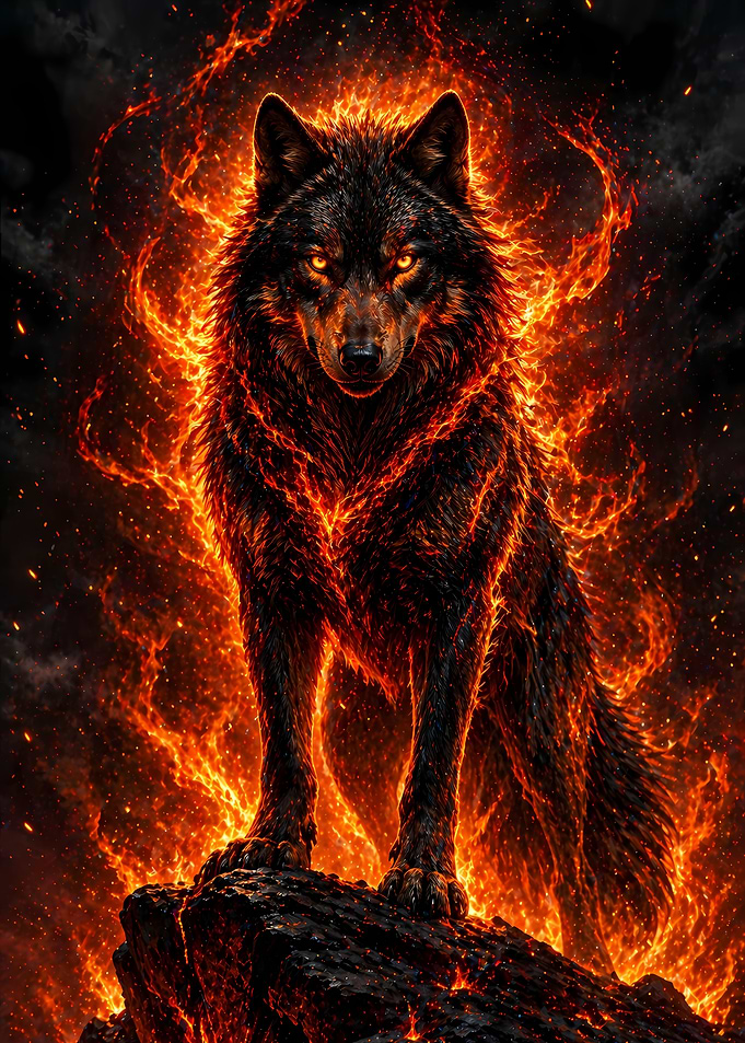 Fiery Wolf Standing on Rocks